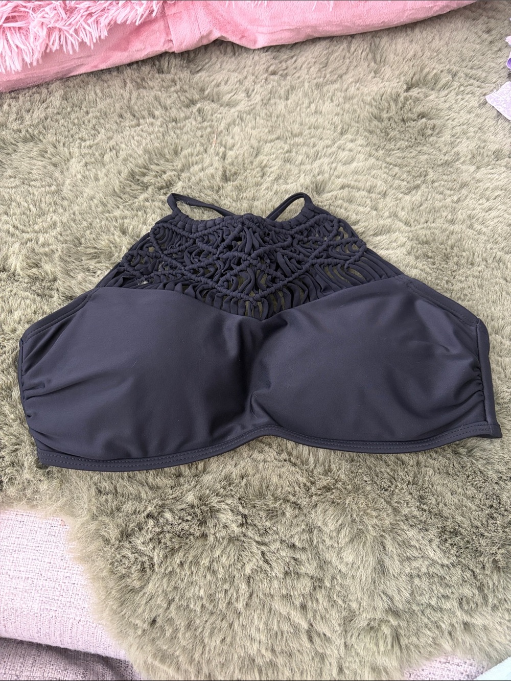 Xhilaration Black High-Neck Lace-Panel Swim Top